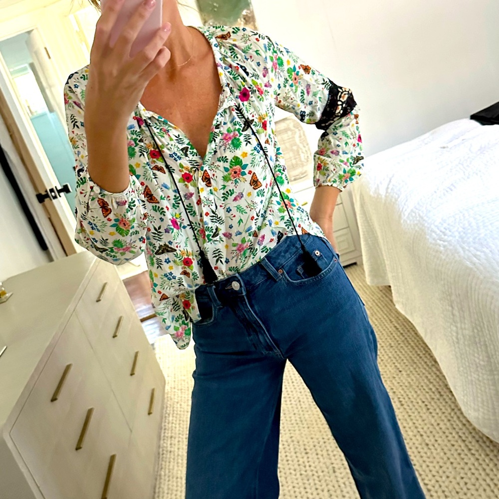 Gucci style floral print silk boho top